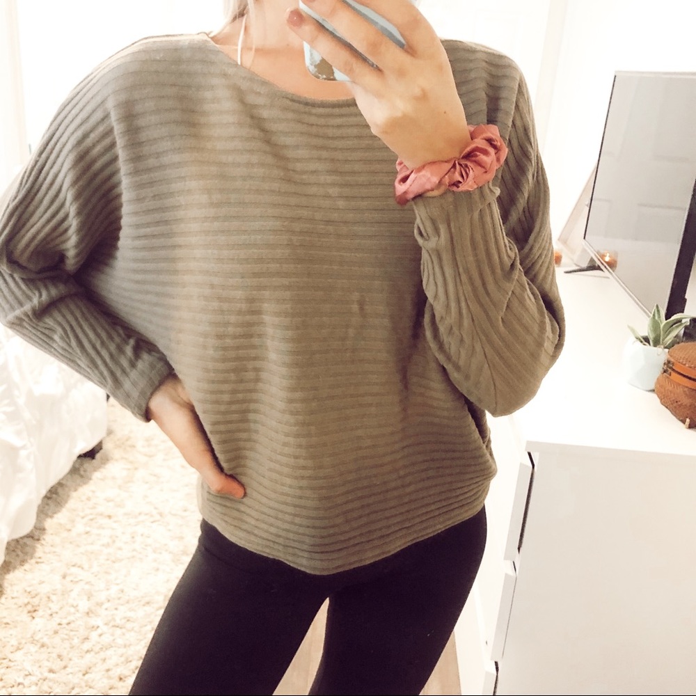 Brown Green Ribbed Sweater with Wide Butterfly Sleeve